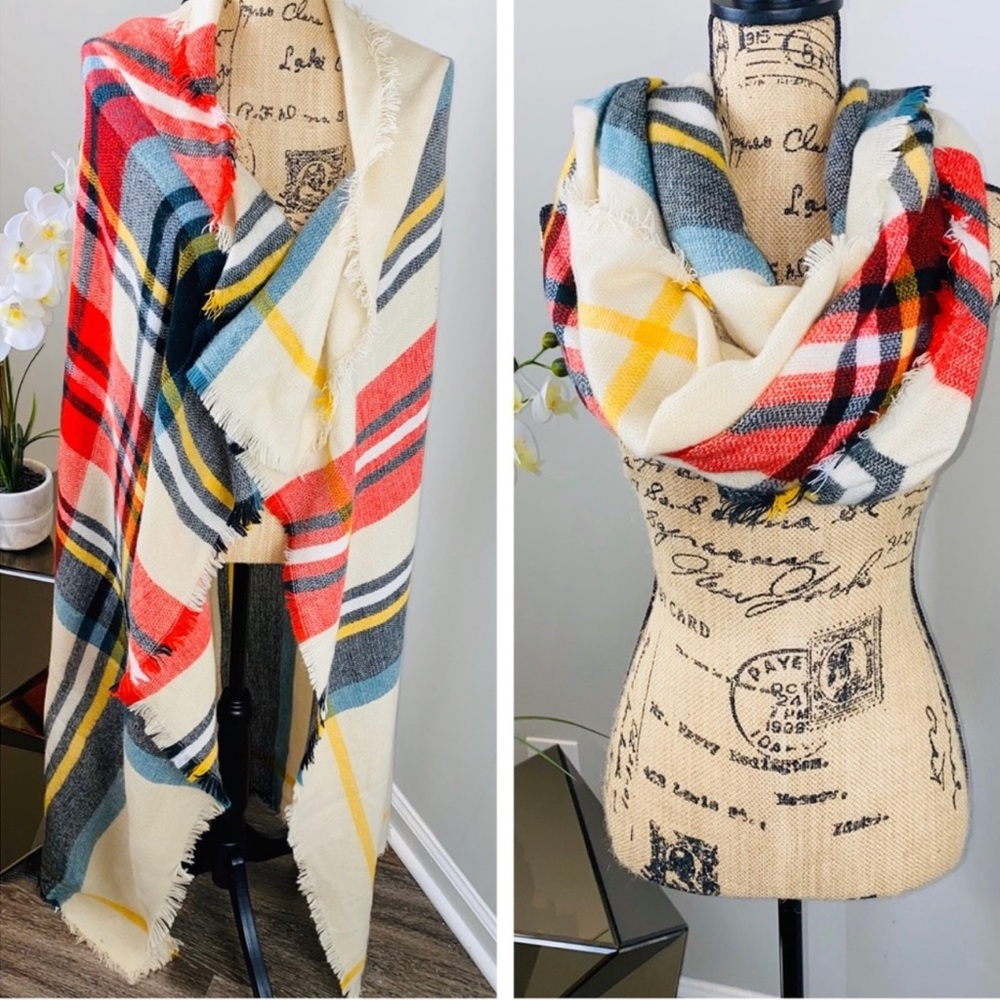 blanket and scarf multi colors red tan